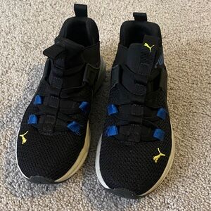Puma Kids Black Sneakers with Blue and Yellow Accents